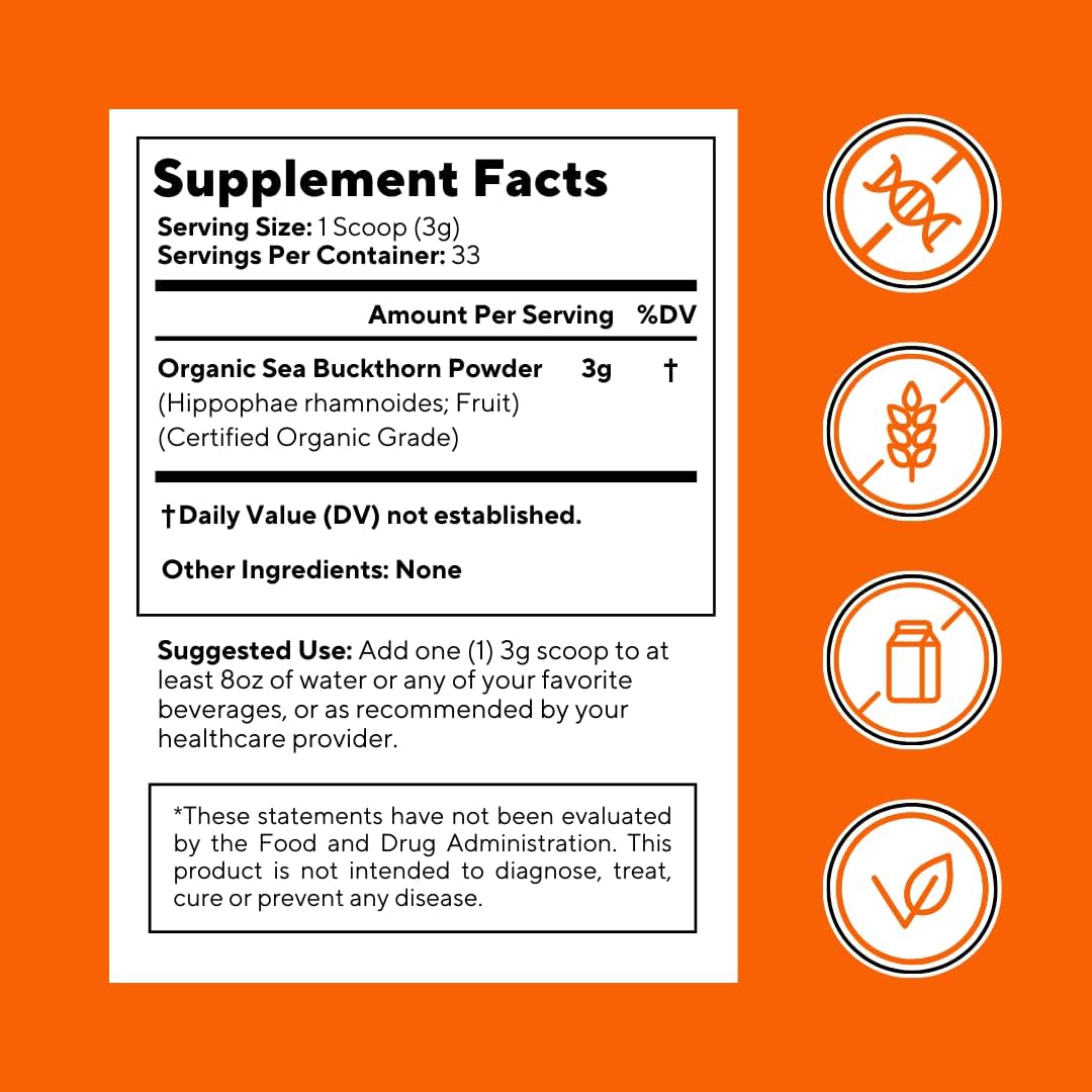 Organic Sea Buckthorn Extract (Crushed Form) with Natural Omega 7 & Omega 3 6 9 for Heart Health, Skin, Immune Support - Virsa