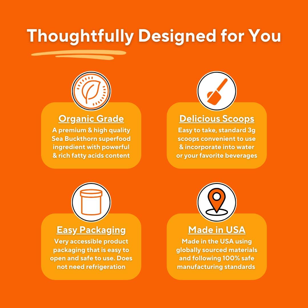 Organic Sea Buckthorn Extract (Crushed Form) with Natural Omega 7 & Omega 3 6 9 for Heart Health, Skin, Immune Support - Virsa