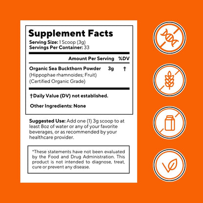 Organic Sea Buckthorn Extract (Crushed Form) with Natural Omega 7 & Omega 3 6 9 for Heart Health, Skin, Immune Support - Virsa